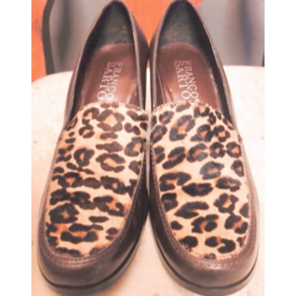 Franco Sarto leopard calf hair mule heels.
